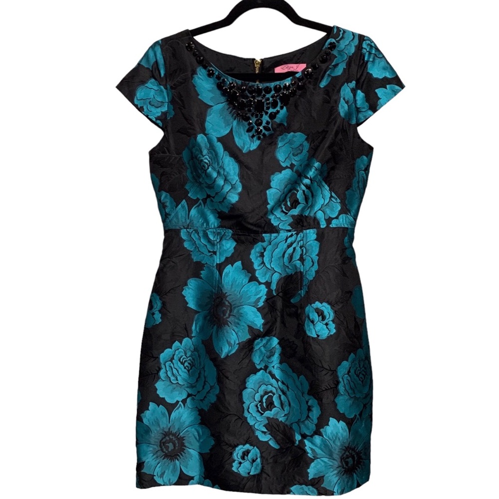 VINTAGE ELIZA J. BLACK & TEAL-BLUE BOAT NECK EMBELLISHED JACQUARD  RHINESTONE